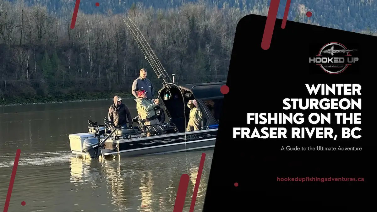 Group sturgeon fishing on Fraser River, BC, promoting winter sturgeon fishing adventures and ultimate experiences.