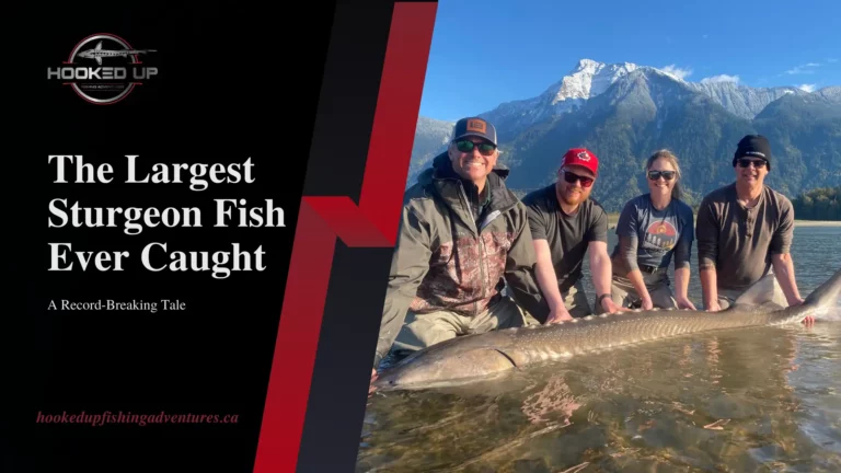 Group holding a giant sturgeon by a river with mountains, showcasing an epic sturgeon fishing adventure