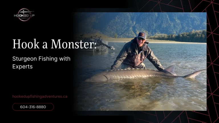 Angler showcasing a large sturgeon, highlighting expert-guided sturgeon fishing adventures in Fraser River.