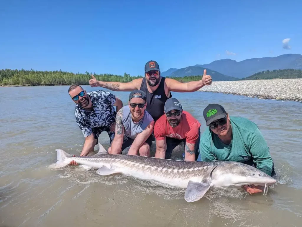 Group of anglers proudly holding a large sturgeon caught during a Fraser River fishing adventure