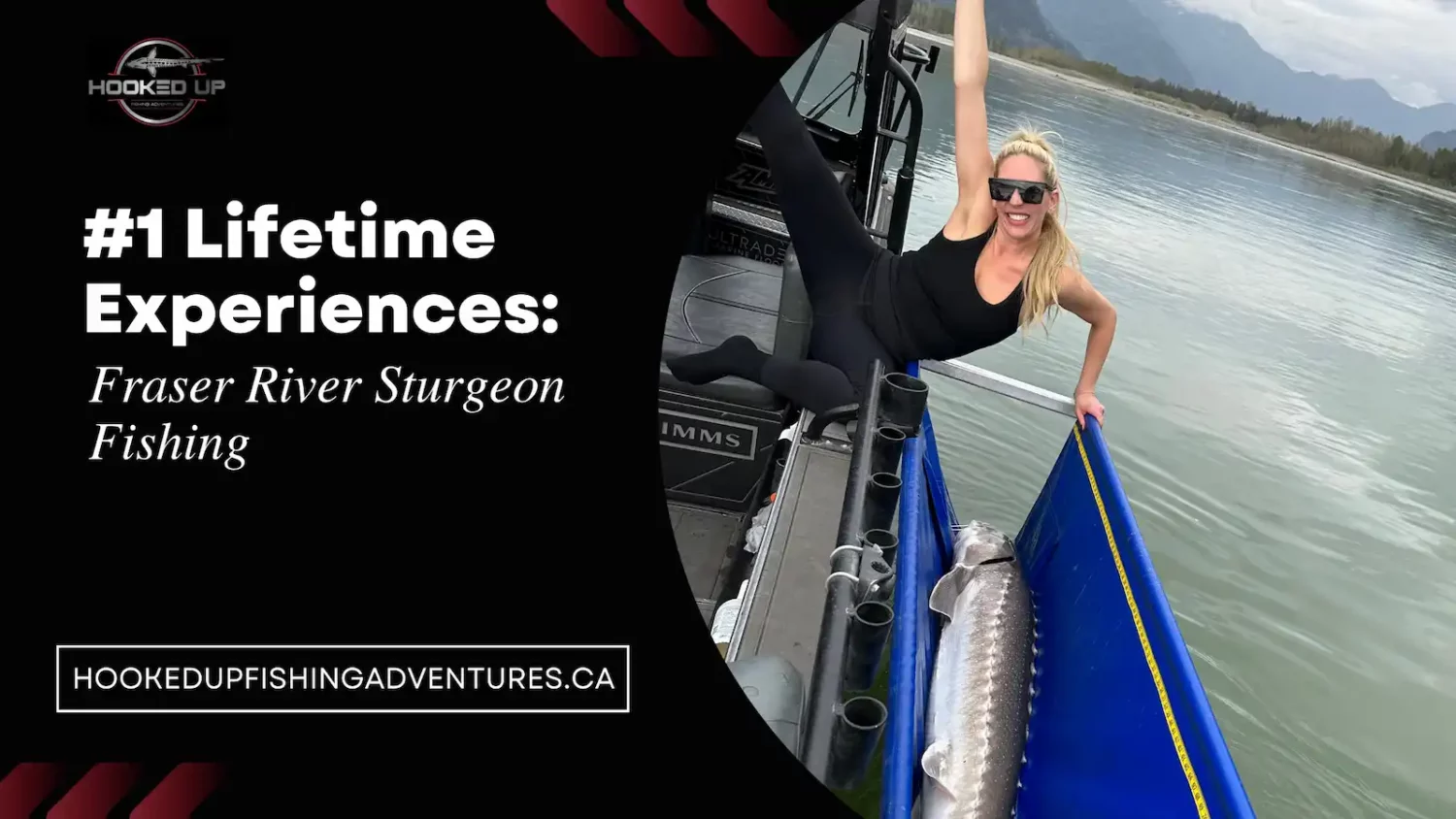 A woman enjoying Fraser River sturgeon fishing adventure, posing with a giant sturgeon on the boat.